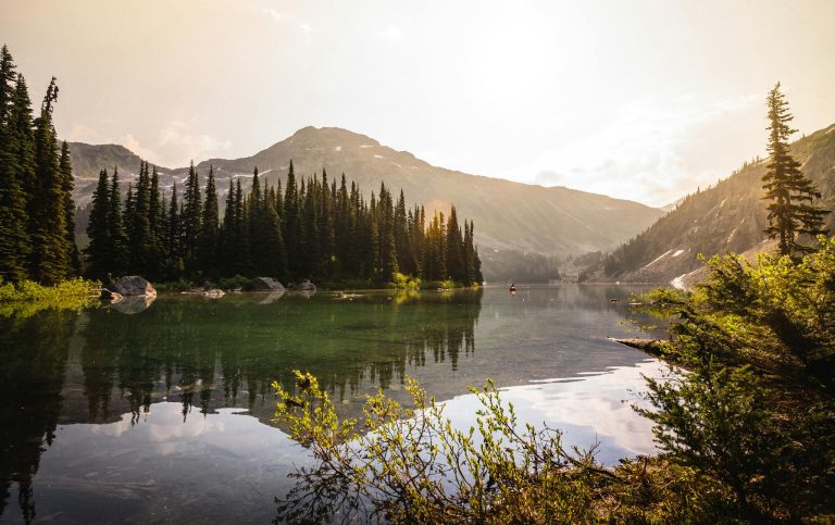 Tranquil scene of a kayaker on a serene lake surrounded by mountains and forests in British Columbia.